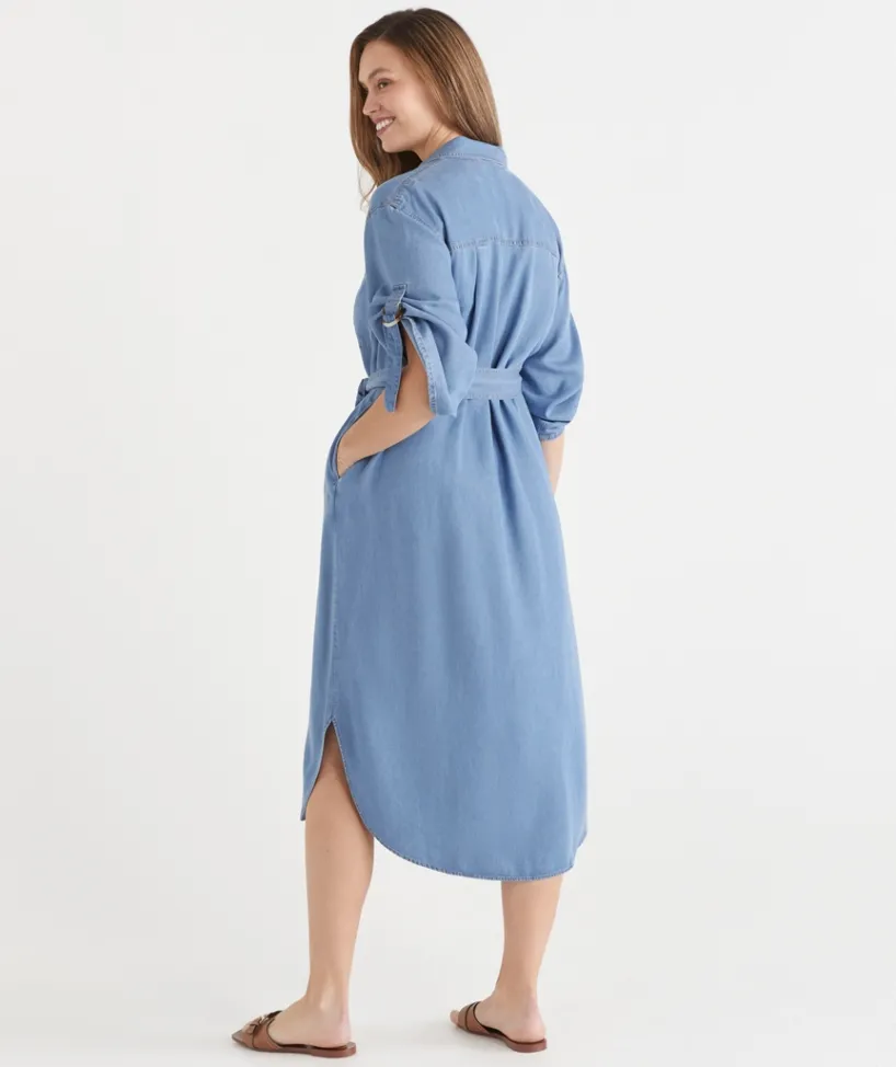 Sussan Dresses>Lyocell Short Sleeve Midi Shirt Dress