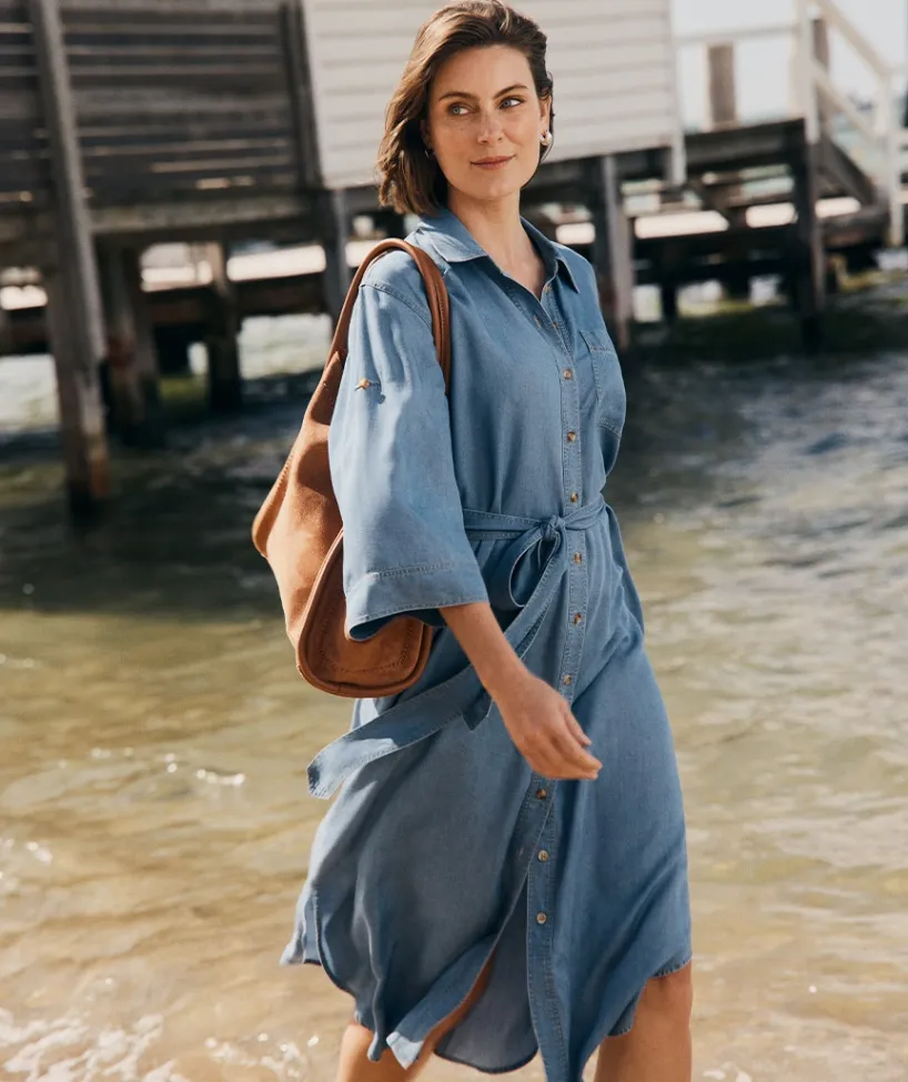 Sussan Dresses>Lyocell Short Sleeve Midi Shirt Dress