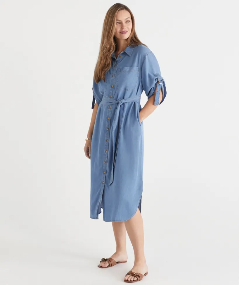 Sussan Dresses>Lyocell Short Sleeve Midi Shirt Dress