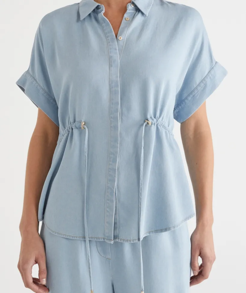 Sussan Tops|Matching Sets>Lyocell Tie Waist Short Sleeve Shirt