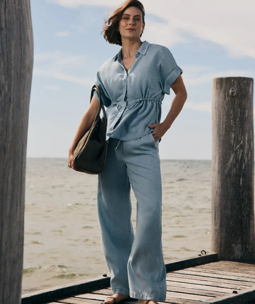 Sussan Tops|Matching Sets>Lyocell Tie Waist Short Sleeve Shirt