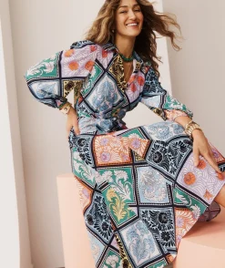 Sussan Dresses>Mosaic Print Long Sleeve Midi Shirt Dress