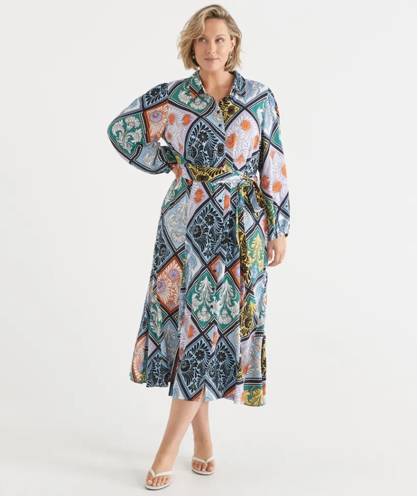 Sussan Dresses>Mosaic Print Long Sleeve Midi Shirt Dress