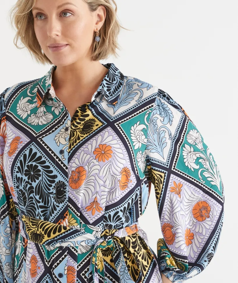 Sussan Dresses>Mosaic Print Long Sleeve Midi Shirt Dress