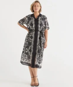 Sussan Matching Sets|Dresses>Noir Bloom Short Sleeve Midi Shirt Dress