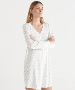 Sussan Nighties>Pointelle Ditsy Long Sleeve Nightie