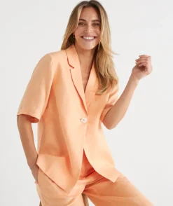 Sussan Jackets & Coats|Tops>Relaxed Fit Short Sleeve Linen Blazer