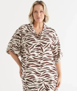 Sussan Tops|Matching Sets>Short Sleeve Animal Print D Ring Shirt