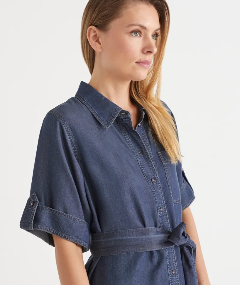 Sussan Dresses>Short Sleeve Belted Shirt Dress
