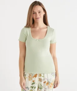 Women Sussan Women's Pyjama Tops>Short Sleeve Pointelle Pyjama Tee - Green