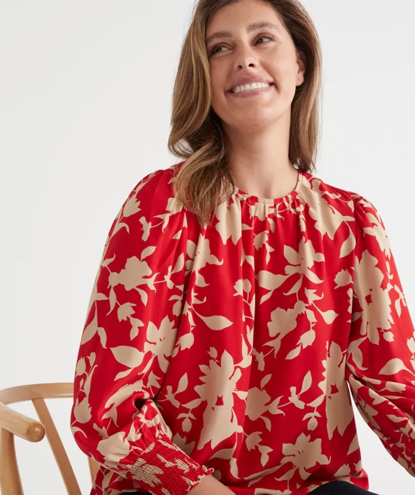 Sussan Tops|Shirts & Blouses>Silhouette Floral Print Long Sleeve Top - Red