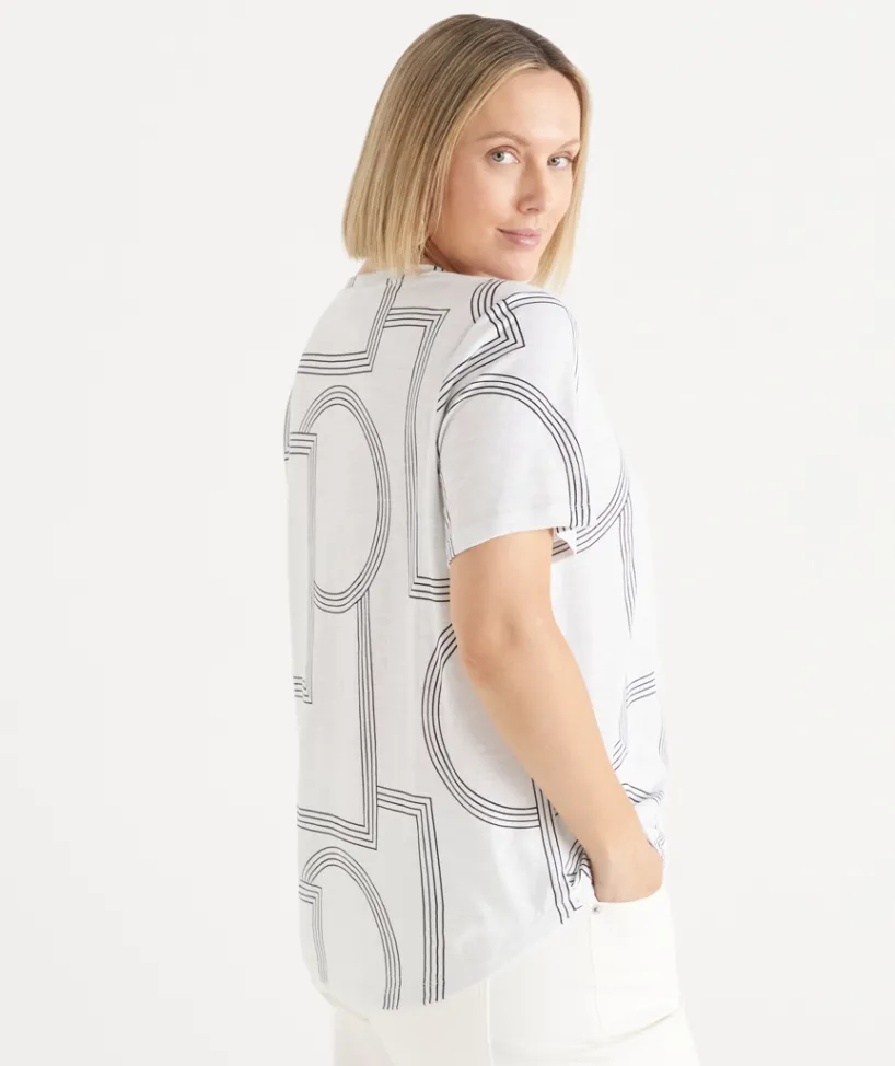 Sussan Tops|T-Shirts>Slub Geometric Crew Neck T-Shirt