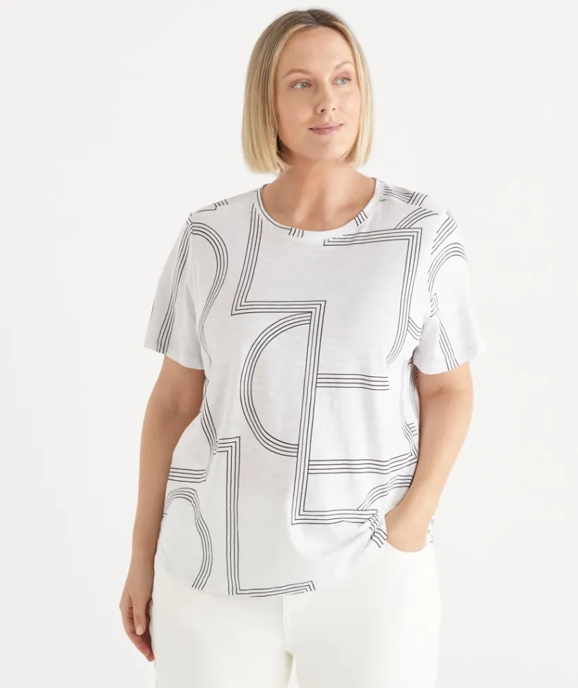 Sussan Tops|T-Shirts>Slub Geometric Crew Neck T-Shirt