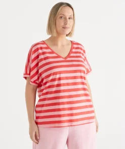 Sussan Tops|T-Shirts>Slub Stripe Dolman V Neck T-Shirt - Pink