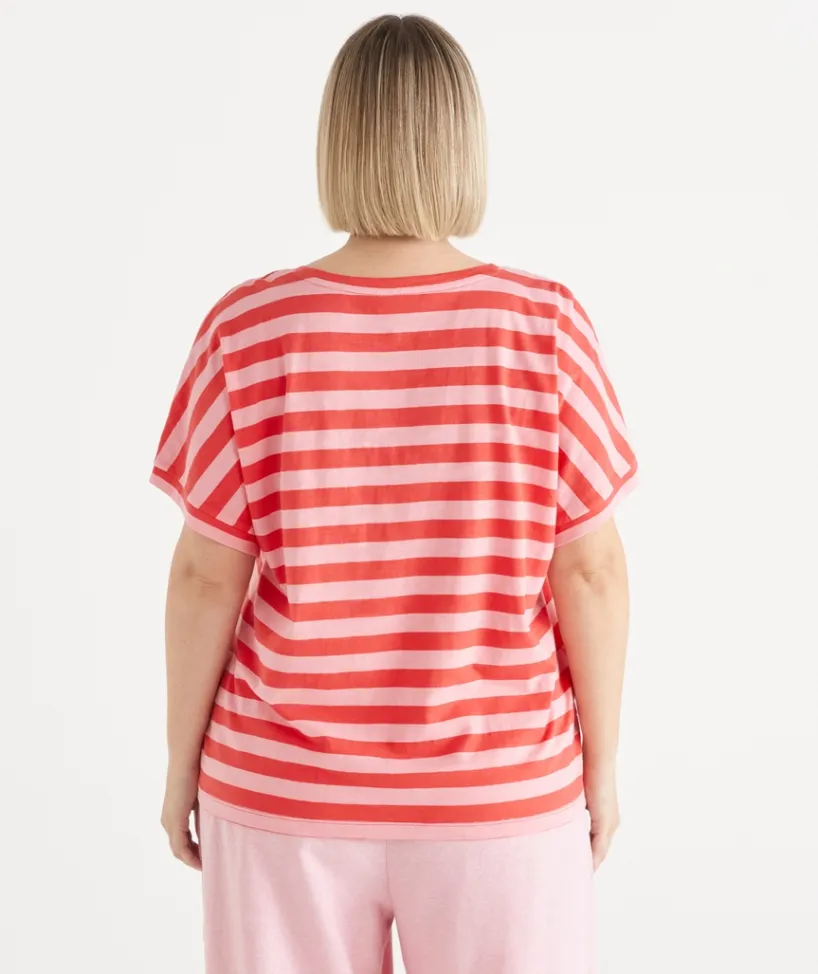Sussan Tops|T-Shirts>Slub Stripe Dolman V Neck T-Shirt - Pink