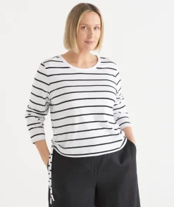 Sussan Tops|T-Shirts>Slub Stripe Long Sleeve Ruched Top