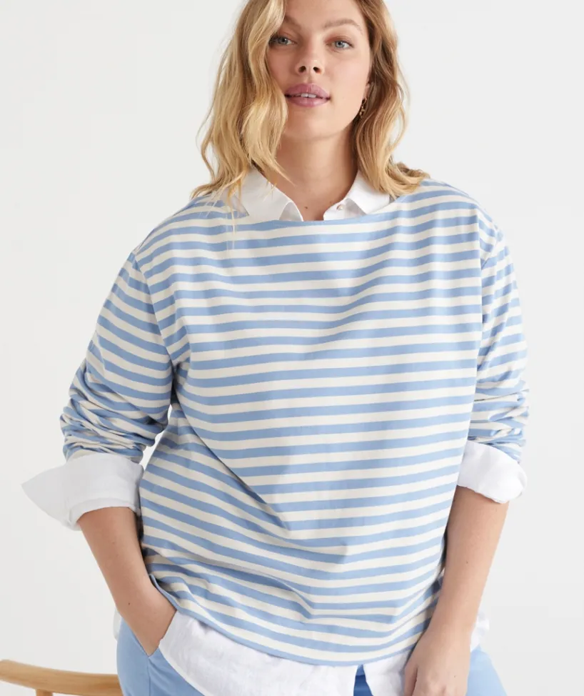 Sussan Tops|T-Shirts>Stripe Boat Neck Long Sleeve Top - Blue