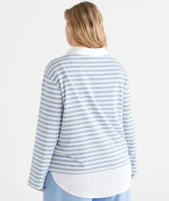 Sussan Tops|T-Shirts>Stripe Boat Neck Long Sleeve Top - Blue
