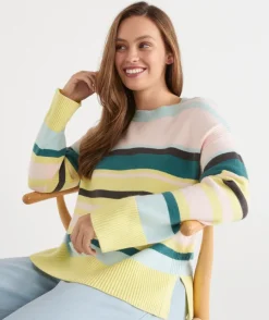 Sussan Knitwear|Tops>Stripe Crew Neck Rib Detail Jumper