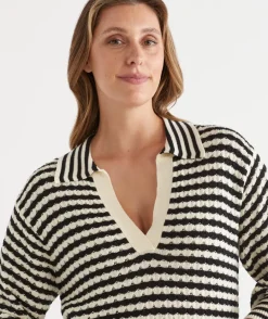 Sussan Tops|Knitwear>Stripe Knit Polo Top