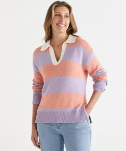 Sussan Tops|Knitwear>Stripe Knit Rugby Polo Jumper -