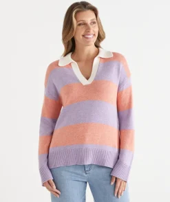 Sussan Tops|Knitwear>Stripe Knit Rugby Polo Jumper -