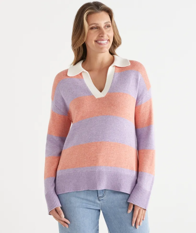 Sussan Tops|Knitwear>Stripe Knit Rugby Polo Jumper -