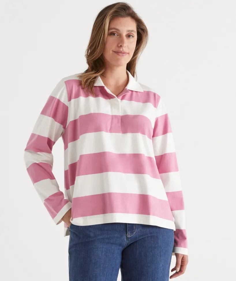 Sussan Tops|Denim>Stripe Long Sleeve Polo Rugby Top - Pink