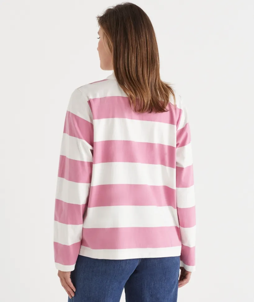 Sussan Tops|Denim>Stripe Long Sleeve Polo Rugby Top - Pink