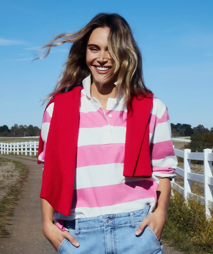 Sussan Tops|Denim>Stripe Long Sleeve Polo Rugby Top - Pink