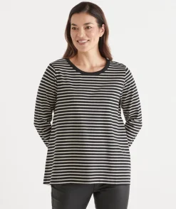 Sussan Tops|T-Shirts>Stripe Swing Long Sleeve Top -
