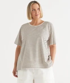 Sussan Tops|T-Shirts>Stripe Swing Short Sleeve T-Shirt