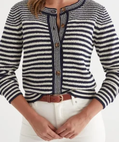 Sussan Knitwear|Knit Cardigans>Striped Crew Neck Cardigan -