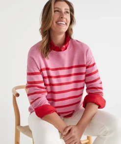 Sussan Tops|Knitwear>Striped Crew Neck Knit Jumper - Red/Pink