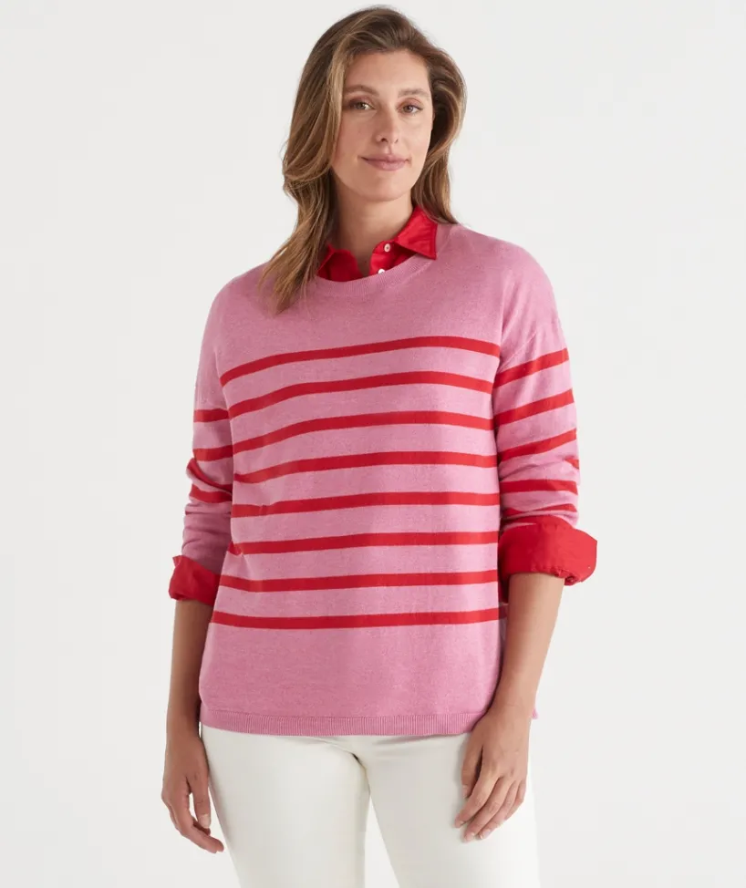 Sussan Tops|Knitwear>Striped Crew Neck Knit Jumper - Red/Pink