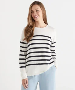Sussan Tops|Knitwear>Striped Crew Neck Knit Jumper - Cream/