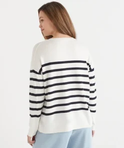 Sussan Tops|Knitwear>Striped Crew Neck Knit Jumper - Cream/