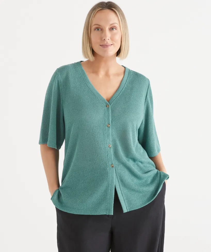 Sussan Tops|T-Shirts>Textured Button Up Short Sleeve Top