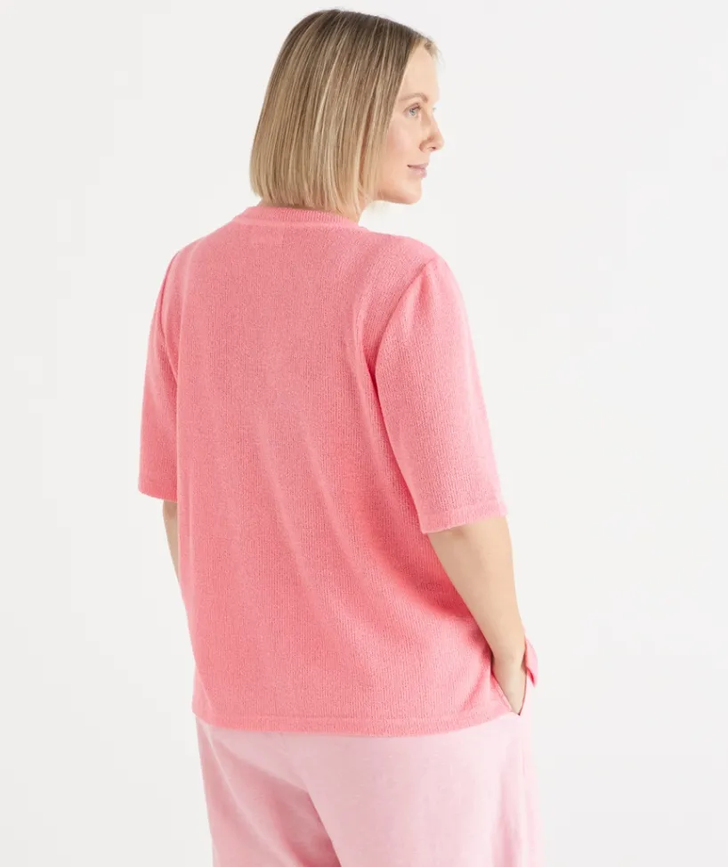 Sussan Tops|T-Shirts>Textured Button Up Short Sleeve Top
